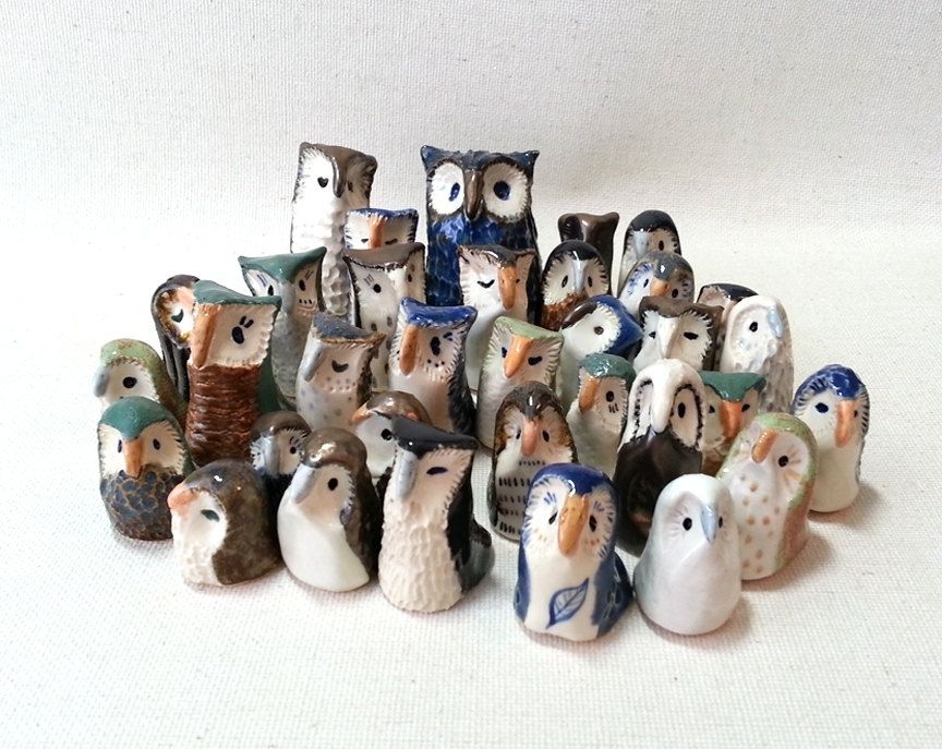 Hand Crafted Ceramic Miniature Owls, Flock Of Twelve Surprise Owls In A ...