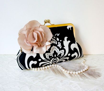 Custom Made Victorian-Inspired Clutch Purse In Black And White With Handmade Satin Flower