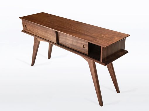 Custom Made Modern Entry Table With Storage, Narrow Mid Century Style, Solid Walnut "Montecito"