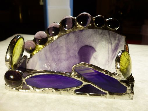Custom Made Purple And Yellow Stained Glass Business Card Holder With Agate Geode