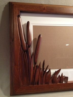 Custom Made Fine Art Frame With Cat Tail / Pond Scene, Hand Carved By Scott, Lazy River Studio