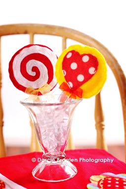Custom Made Two Pink, Red, And Yellow Felt Lollipops "Strawberry Shortcake''