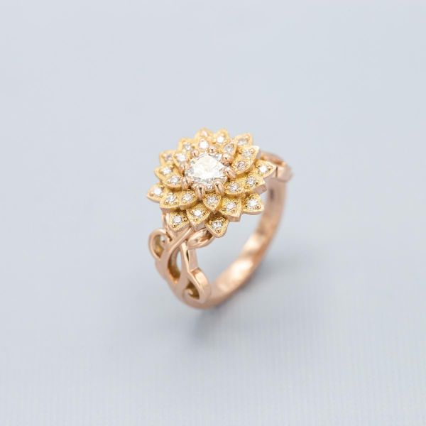 一枚以莲花为灵感的订婚戒指，几十片花瓣围绕着钻石中心的石头分层。
