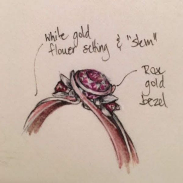 Sketch for a rose gold ring with rubies and white gold inspired the white wildflowers of her English home.