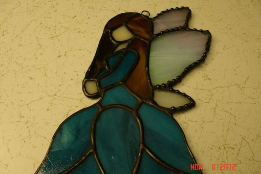 Custom Made Stained Glass Fairy / Angels With Flower Dress In Cobalt Blue With Blown Hair