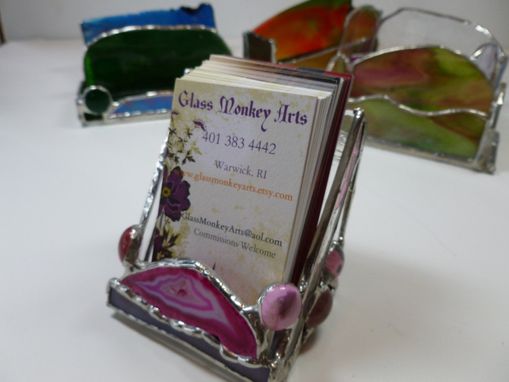 Custom Made Stained Glass Upright Business Card Holder With Pink Brazilian Agate
