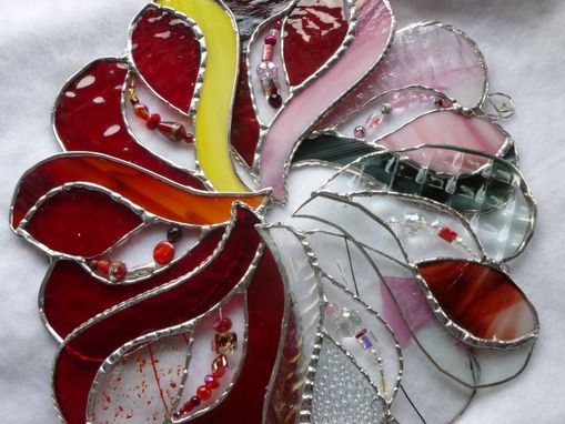 Custom Made Pink And Red Stained Glass Heart With Beads And Crystals