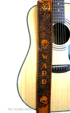 Custom Made Skull And Roses Custom Leather Guitar Strap