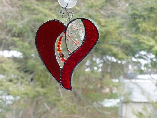 Custom Made Sparkling Red Stained Glass Heart With Beads And Crystals
