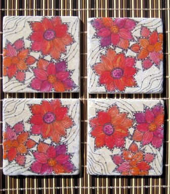 Custom Made Tile Coasters Handmade- Flower Coasters Red Orange With Original Artwork-Set Of 4