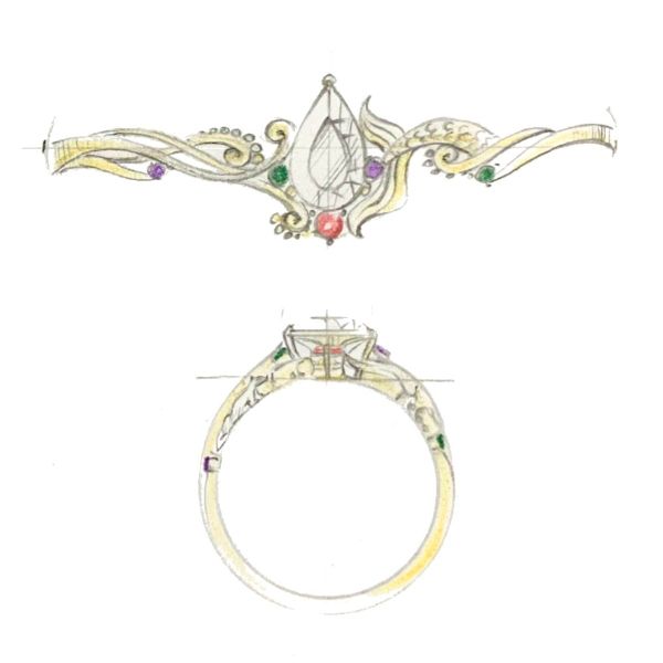 A diamond amidst a blast of colors in this mermaid themed ring