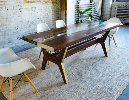 Custom Made Modern Dining Table, Walnut + Brass + Glass: The April