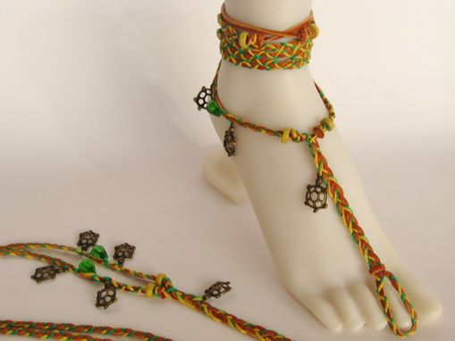 Custom Made Barefoot Sandals.Tan Deerskin, Turtle Charms, Gold And Green Hemp Cords. Gypsy. Boho. Foot Jewelry.