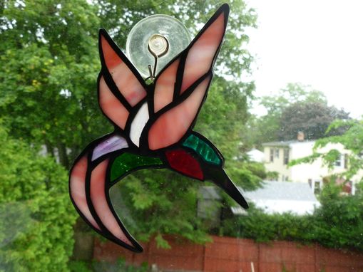 Custom Made Iridescent Stained Glass Ruby-Throated Hummingbird Light Catcher