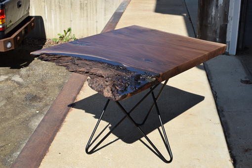 Custom Made Black Walnut Live Edge Table With Woven Hair Pin Legs.