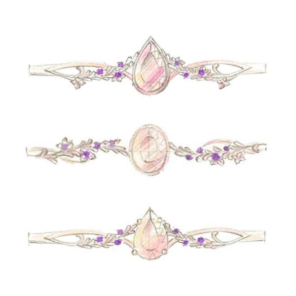 An amethyst sits on this rose gold band with darker amethyst accent stones set in a floral formation.