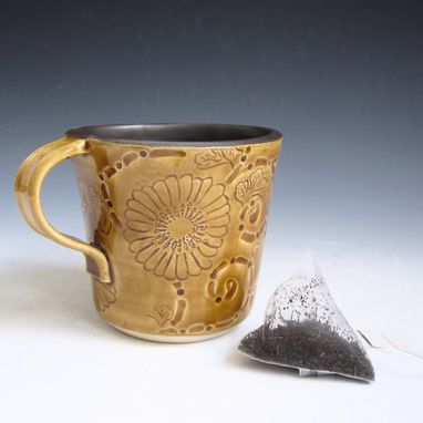 Custom Made Ceramic Mug In Golden Yellow And Black With Chrysanthemums