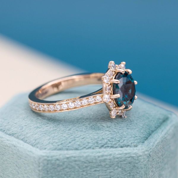 A perfect snowflake is created for this alexandrite and moissanite winter inspired engagement ring.