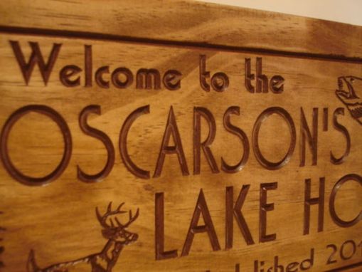 Custom Made Family Lake House Sign, Welcome Signs Pine Tree Pine Cone Deer Fish Primitive Wood Carved Sign