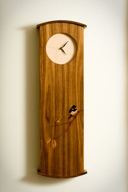 Custom Made Reclaimed Walnut Clock With Chickadee Marquetry Inlay
