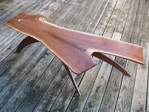 Custom Made Arched Steel Leg Coffee Table Shown With Forked Black Walnut Live Edge Slab