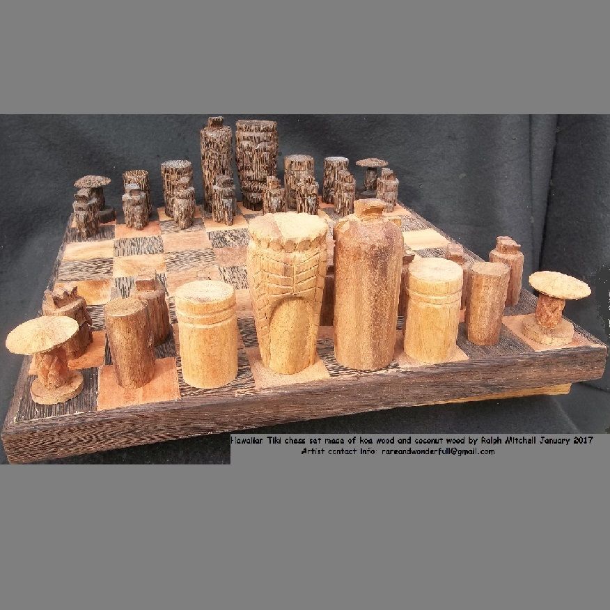 Hand Crafted Tiki Carved Coconut And Koa Chess Board by furnishings of