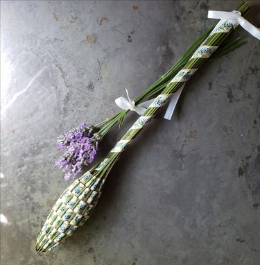 Custom Made Lavender Filled Handwoven Swiss Jacquard Wand Basket Embroidered Blue Flowers On White