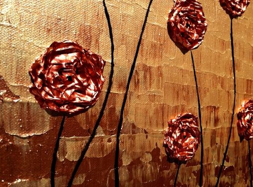 Custom Made Original Flowers Abstract Impasto Gold Red Roses Poppies Painting, Textured Palette Knife Art