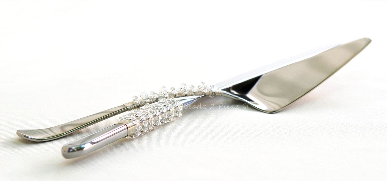 Handmade Custom Swarovski Beaded Cake Server And Knife Serving Set