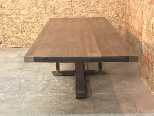 Custom Made Walnut Taper And Brass Dining Table