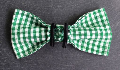 Custom Made One Of A Kind Removable Bow Tie- Green & White Gingham With Vintage Centerpiece