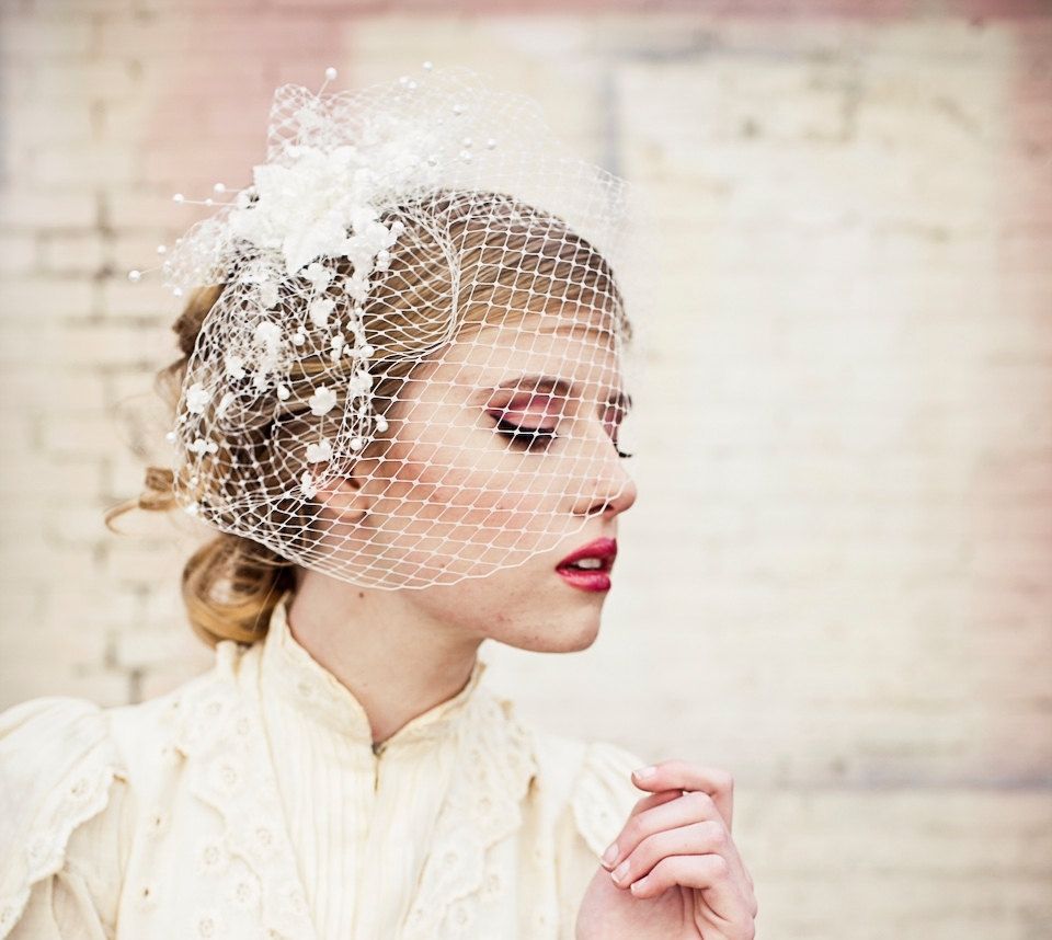 Hand Crafted Birdcage Veil With Vintage Flower Spray Modern Veil