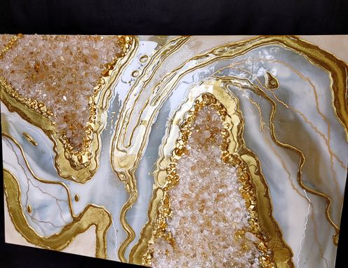 Custom Made Resin Painting Geode Wall Art, White, And Gold, Statement Piece With Real White Quartz Crystals