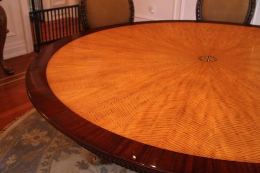Custom Made American Made Satinwood And Mahogany 84 Inch Round Pedestal Dining Table