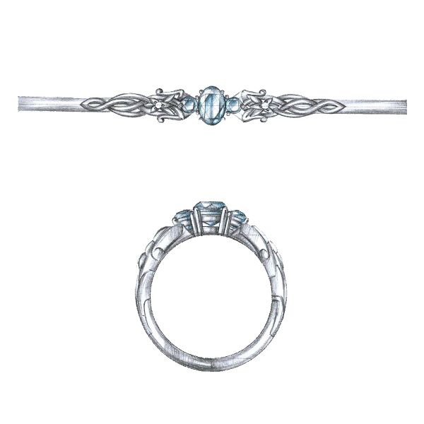 Subtle detailing inspired by Arwen’s Evenstar sits in the band of this diamond and aquamarine accented Lord of the Rings inspired engagement ring.