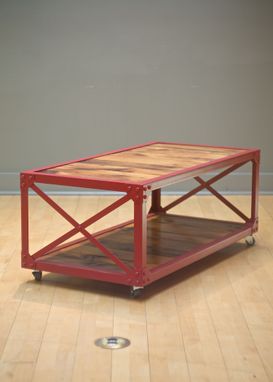 Custom Made Vintage Industrial/Loft Style Coffee Table On Steel Castors - Riveted Steel And Reclaimed Wood