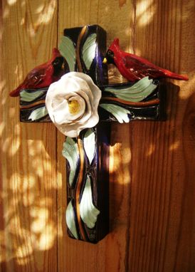Custom Made Cardinal On A Cross, Handmade Ceramic, 3 Dimensional