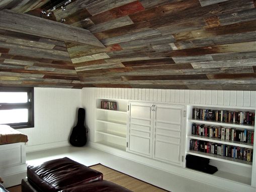 Custom Made Custom Built-In Bookcases And Old Barn Wood Ceiling