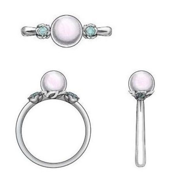 Design sketch for a flower-inspired ring, surrounding the pearl center stone with small blossoms in white gold.