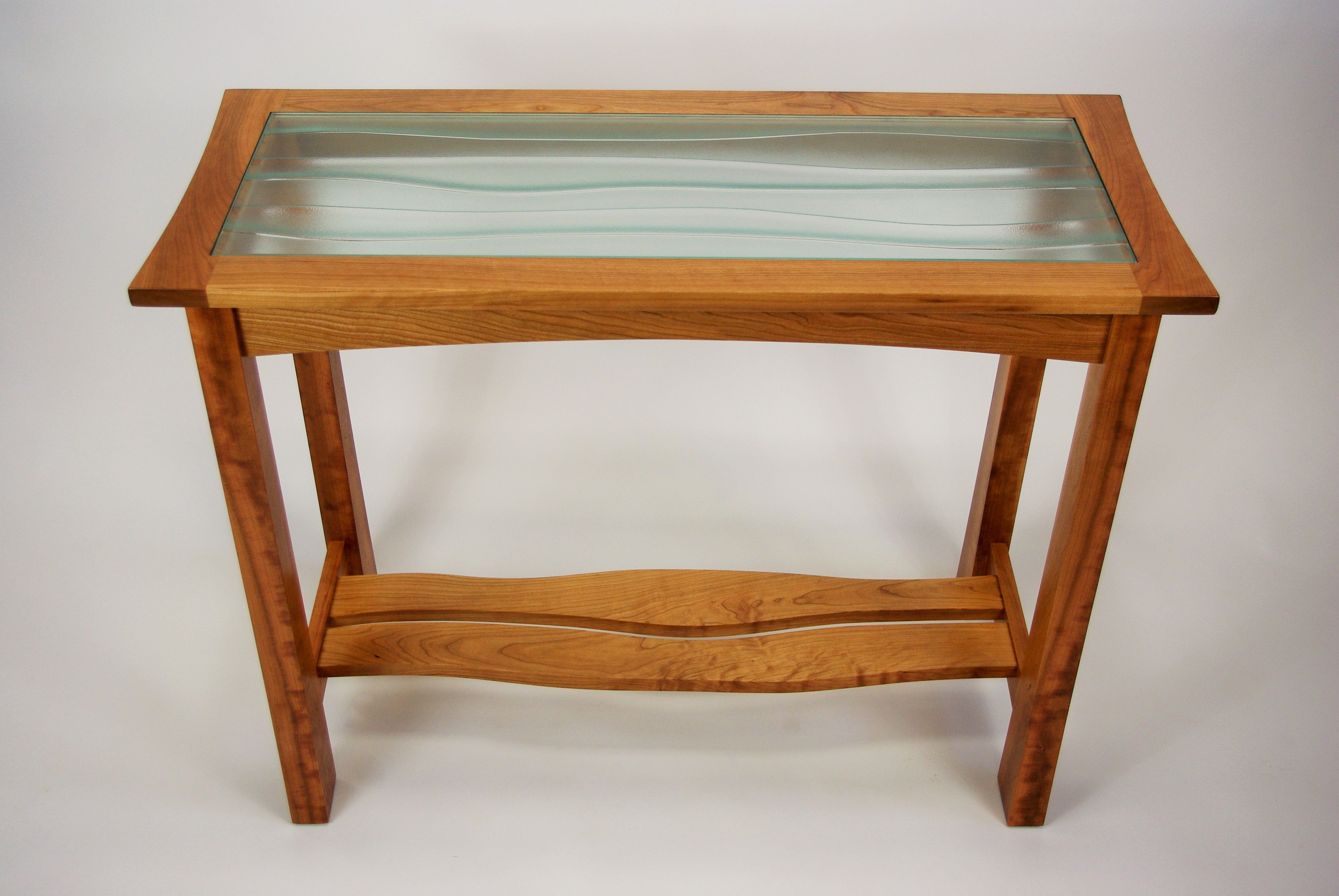 Custom Made Carved Glass Top Hall Table by Rugged Cross Fine Art Woodworking Llc