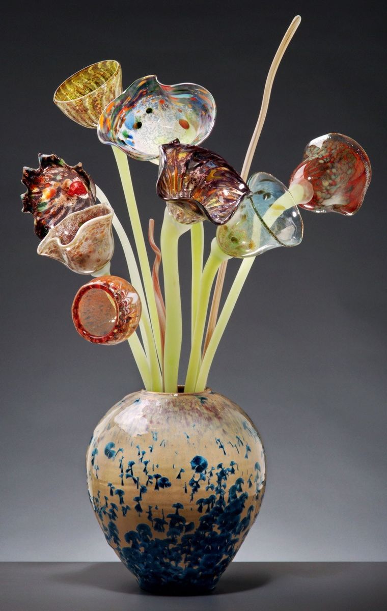Hand Crafted Glass Flowers Arrangement In Crystal Glaze Vase by Jon