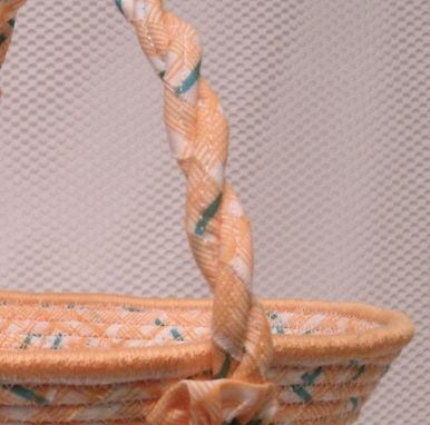 Custom Made Cloth Basket W/Handle - Coiled - Clothesline Handwrapped In Fabric. Small Round - Peach.