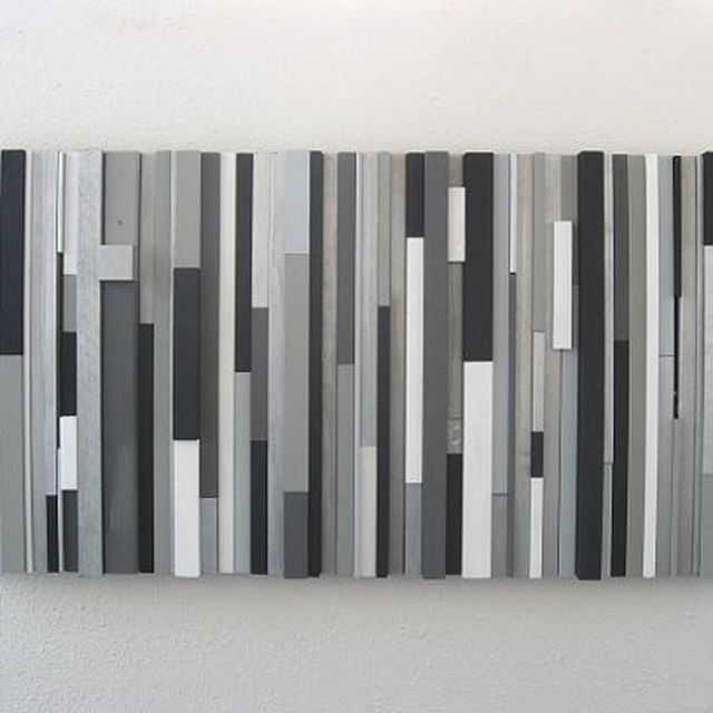 A Custom Modern Wood Wall Art Sculpture Black White Greys Silver