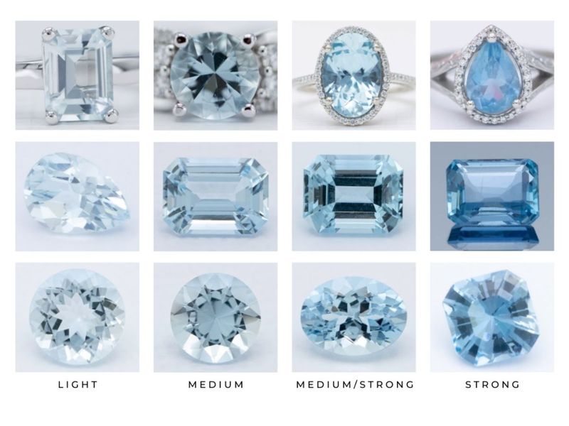 A range of aquamarine's saturation in different cuts from light to strong.