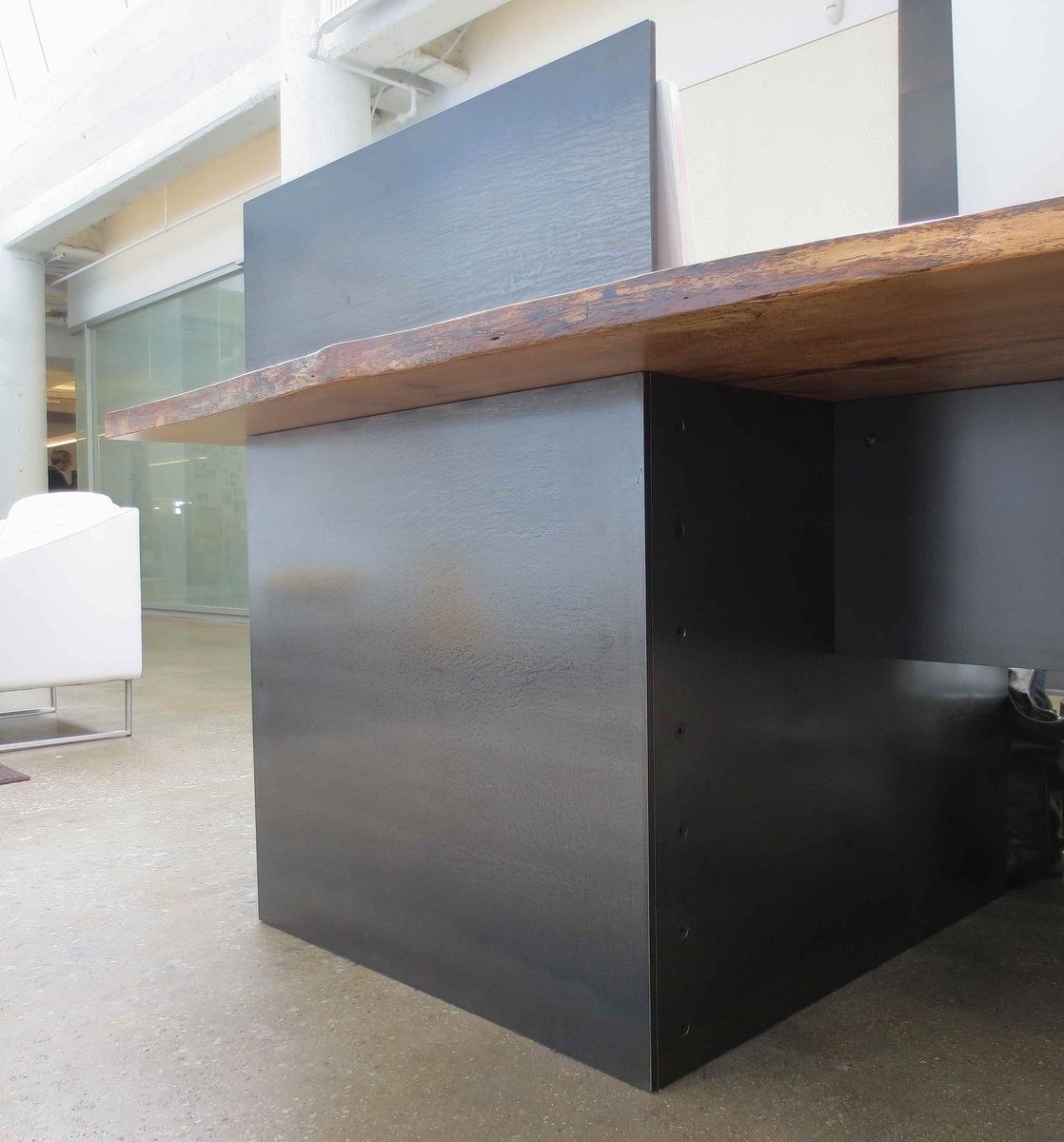 Hand Made Metal Modern Plate Steel Reception Desk Hand Made Metal Modern Plate Steel Reception Desk With Maple Live Edge Slab Top By Andrew Stan Design Custommade Com
