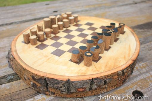 Custom Made Chess Board On A Log Slice With Simple Log Playing Pieces