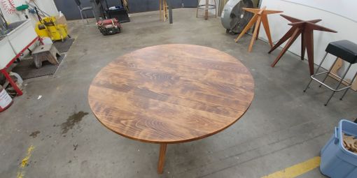 Custom Made Kristin's Stained Beech Modern Tricky Tripod 54 Inch Diameter Dining Table
