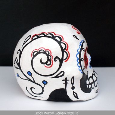 Custom Made Red & Blue Day Of The Dead Paper Mache Skull Custom Bride And Groom Decoration Cake Topper
