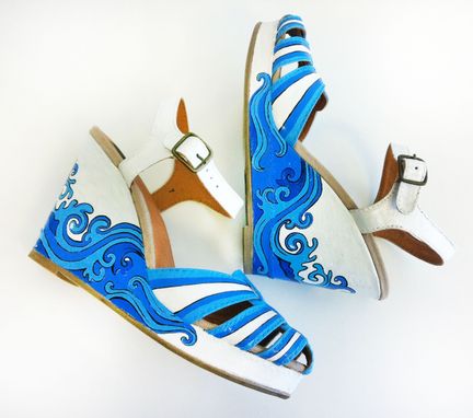 Custom Made Summer Hand Painted Shoes/  Summer Wedding Shoes/ Blue Wedges/Bridal Summer Shoes