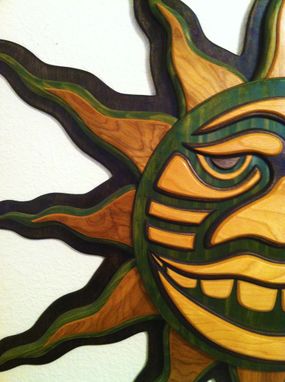 Custom Made Green Wood Crafted Mosaic Tribal Sun